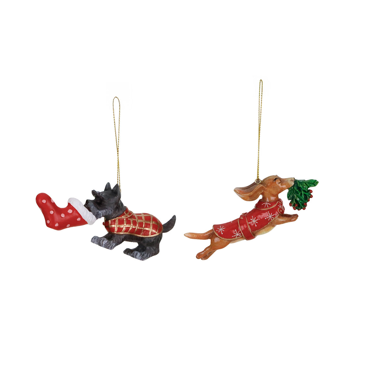Set 2 ornamente câini de Crăciun cu șosetă și ilice, roșu, 12,5 cm