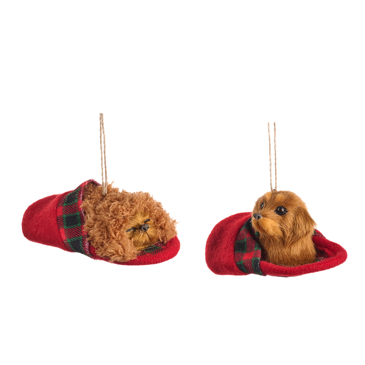 Set 2 ornamente câini din blăniță în papuc, maro/roșu, 13 cm