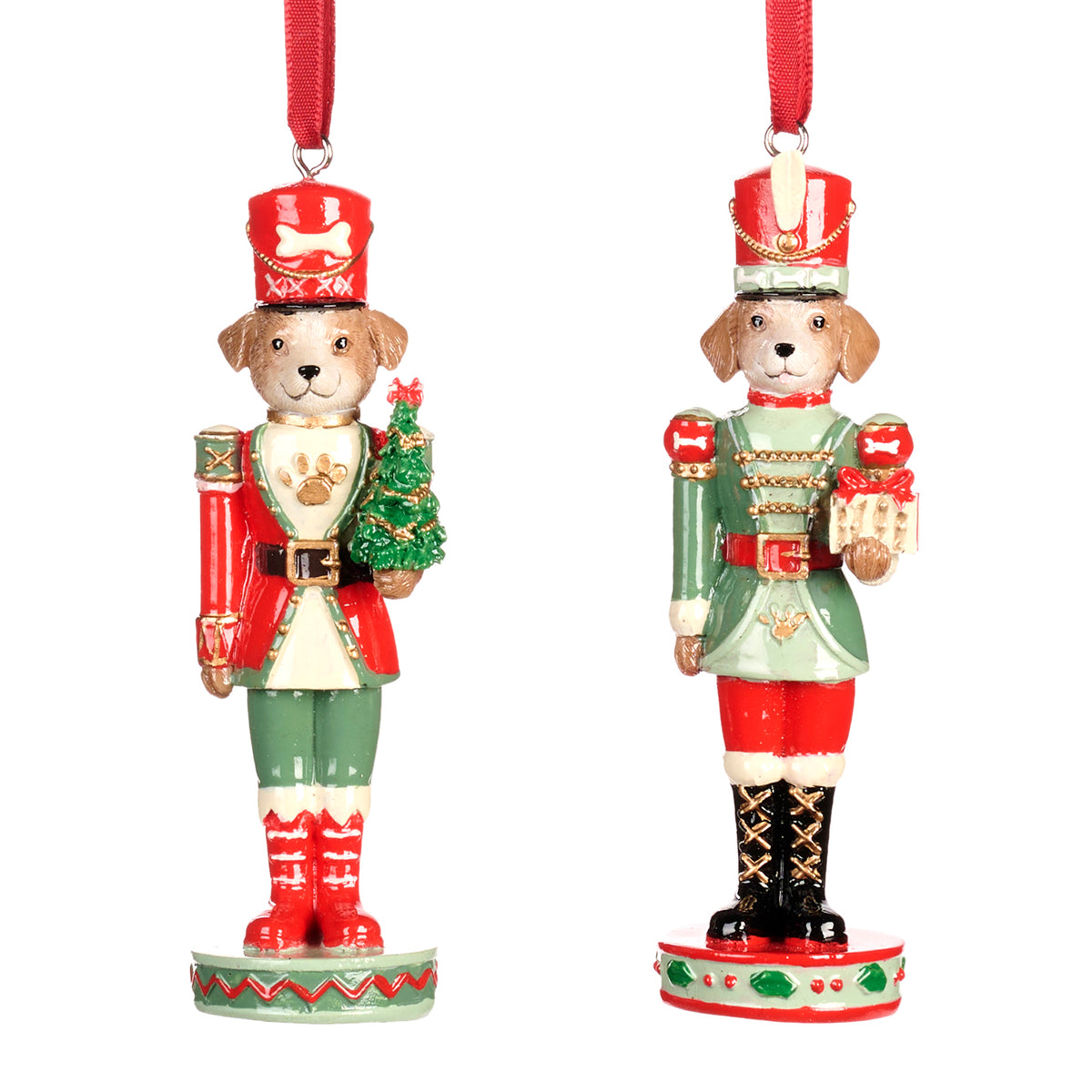 Set 2 ornamente câini spărgători de nuci, roșu/verde, 10,5 cm