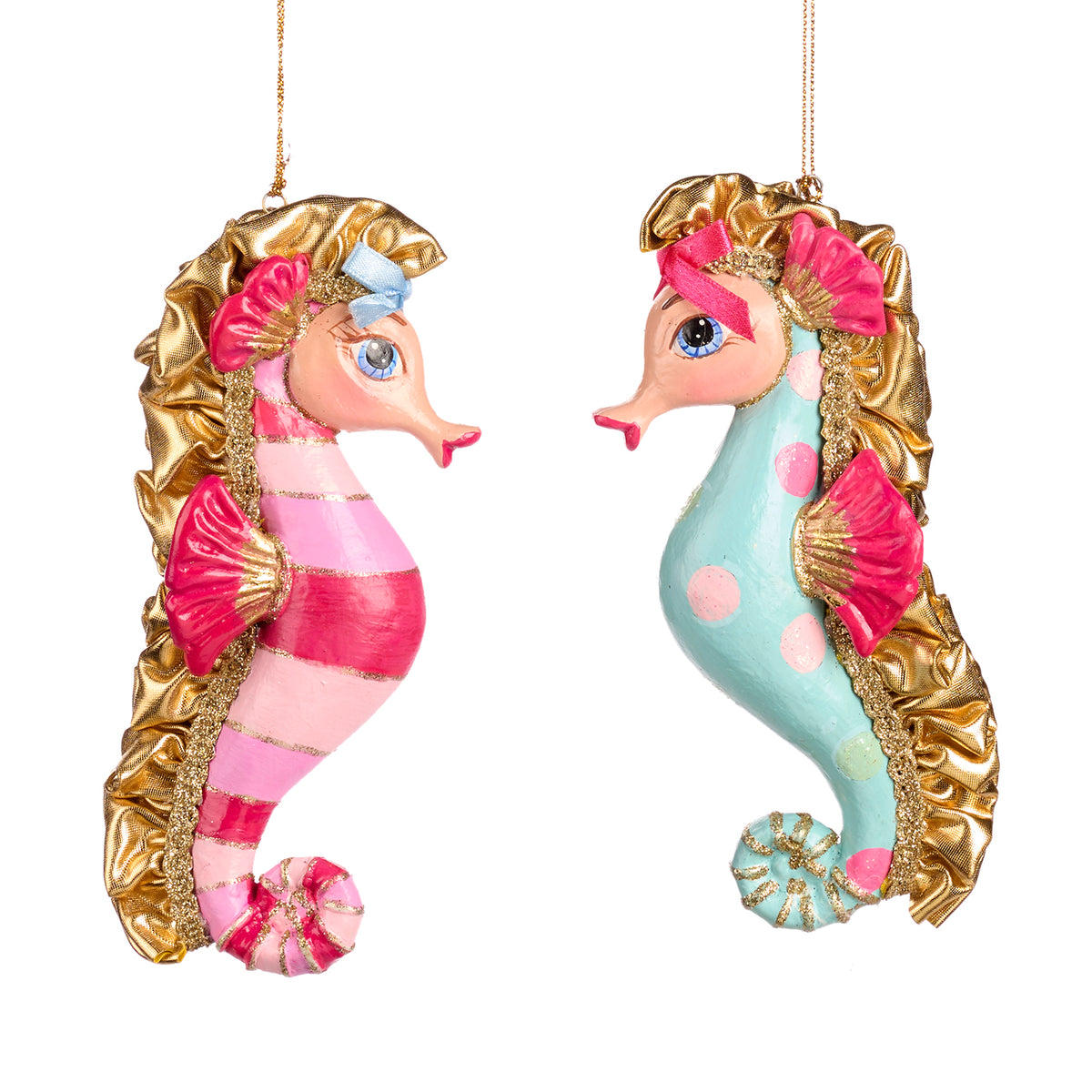 Set 2 ornamente căluți de mare cu buline și dungi, roz, 16 cm
