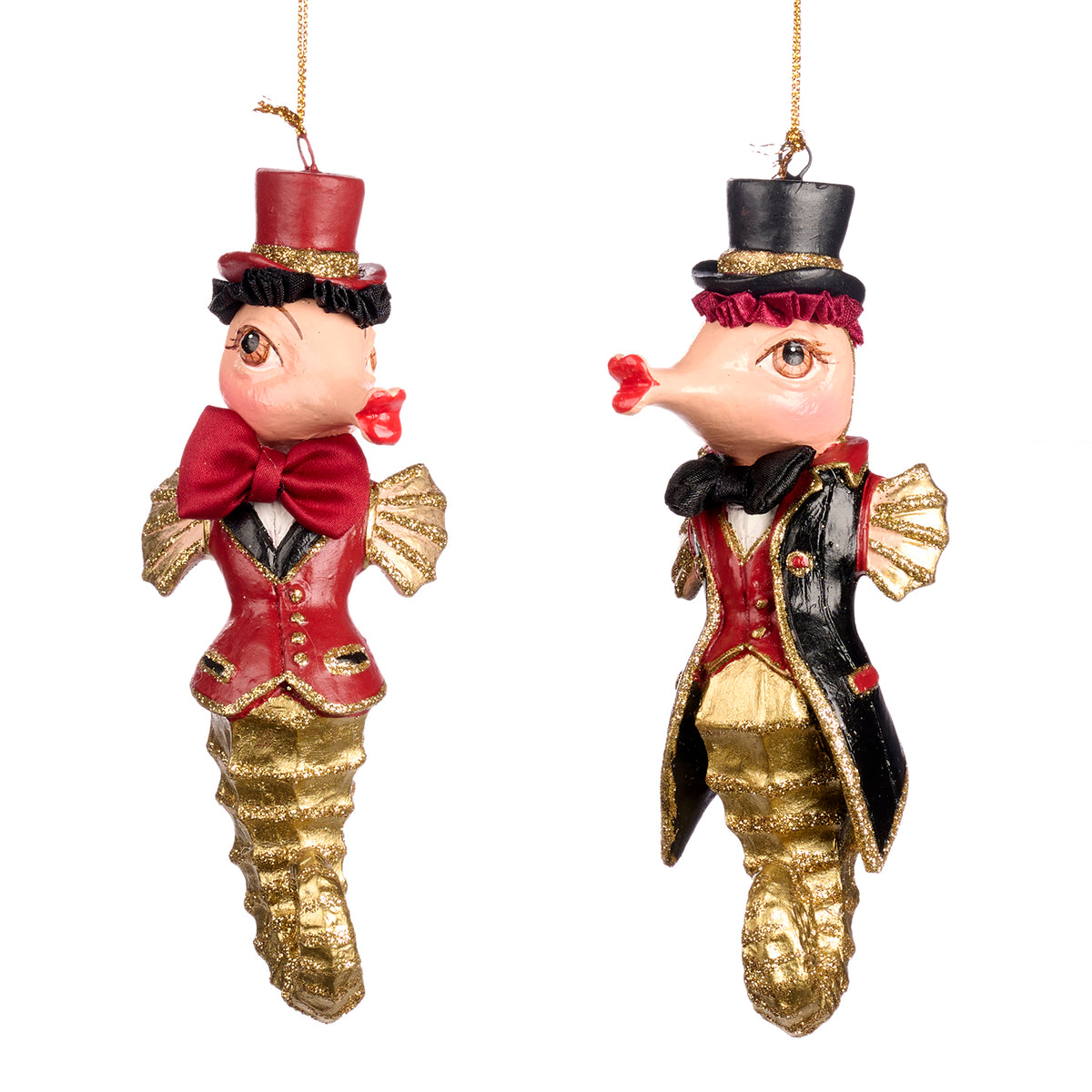 Set 2 ornamente căluți de mare gentlemani, auriu/roșu, 16 cm