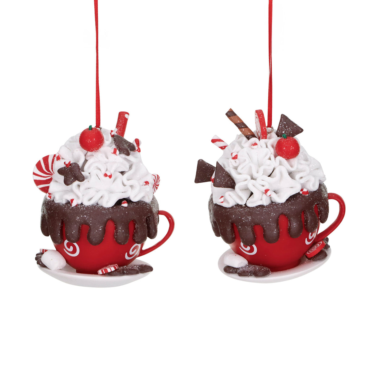 Set 2 ornamente căni cu ciocolată caldă, din lut, roșu/alb, 10,5 cm