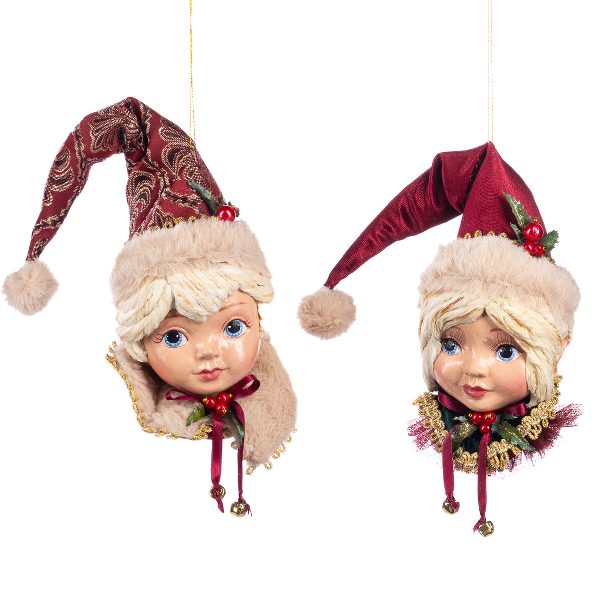 Set 2 ornamente cap de băiat și de fată colindători, burgund, 20 cm