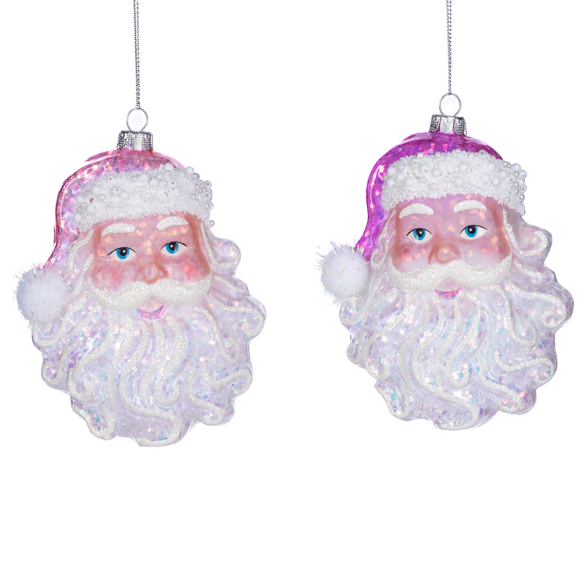 Set 2 ornamente cap de Moș Crăciun în stil bomboană, din sticlă cu sclipici, roz/alb, 12 cm
