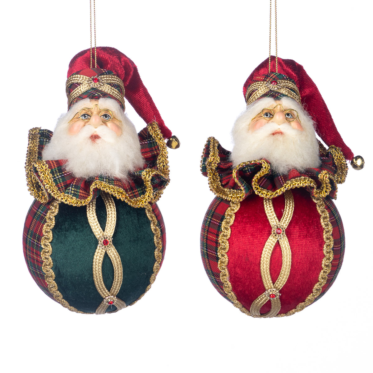 Set 2 ornamente cap de Moș Crăciun pe glob, tartan, roșu/verde, 11 cm