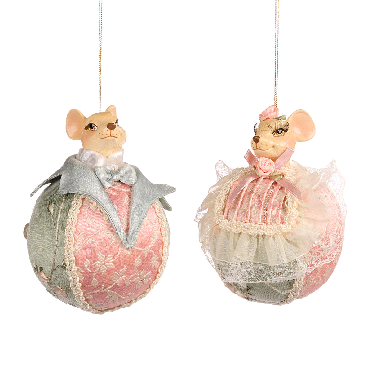 Set 2 ornamente cap de șoarece pe glob, roz/verde, 10 cm