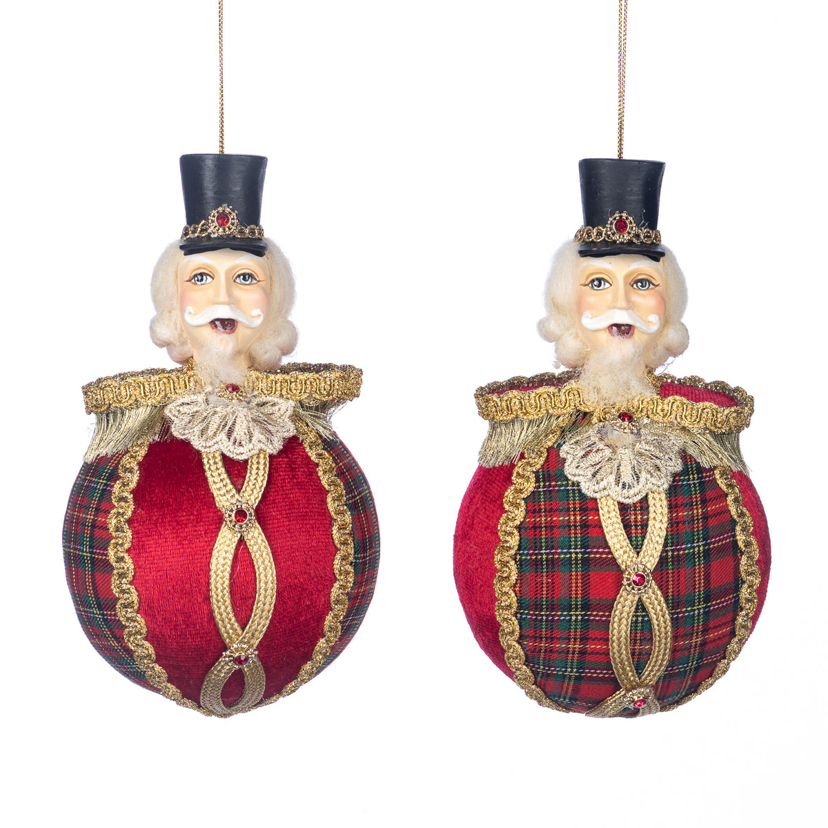 Set 2 ornamente cap de spărgător de nuci pe glob, tartan, roșu, 17 cm