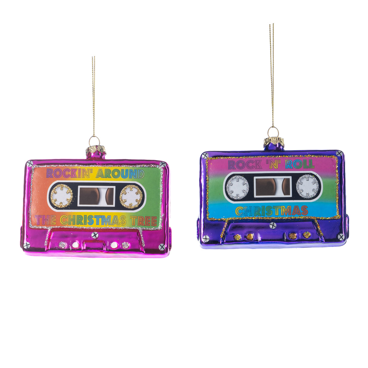 Set 2 ornamente casetă audio curcubeu de Crăciun din sticlă, multicolor, 10 cm