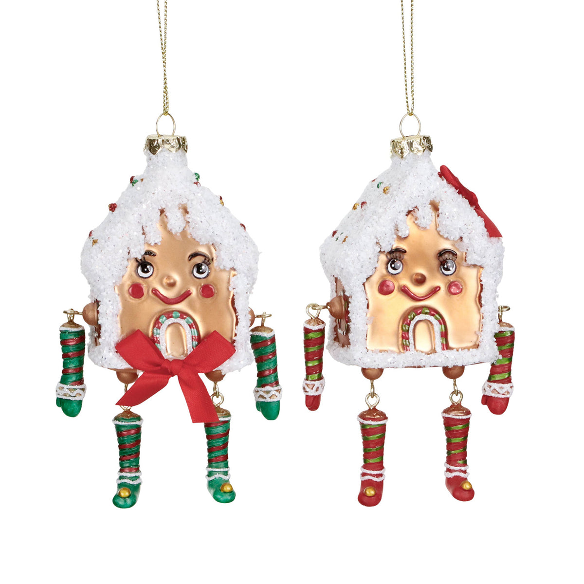 Set 2 ornamente căsuțe de turtă dulce din sticlă, cu pandantive, maro/roșu, 13,5 cm