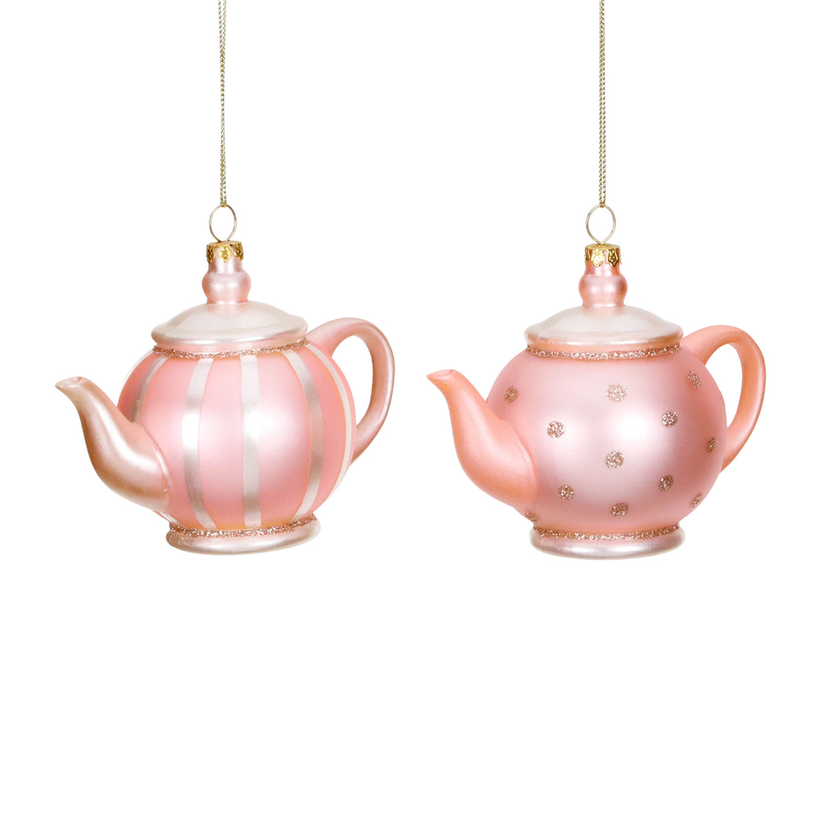 Set 2 ornamente ceainic din sticlă cu dungi și buline, roz/auriu/crem, 9,5 cm