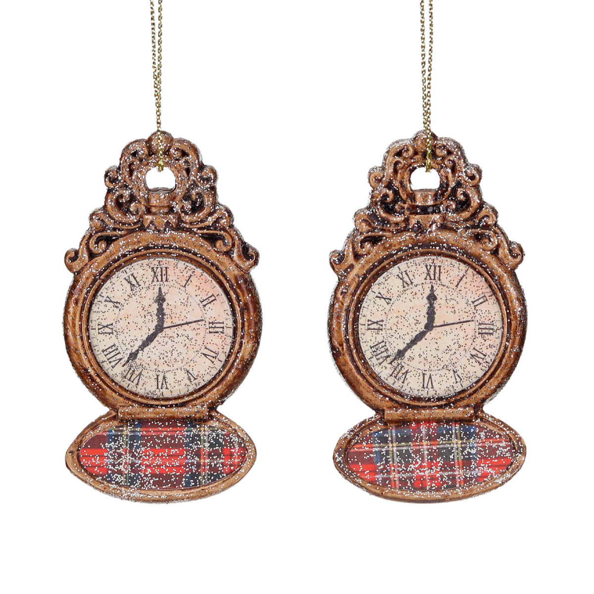 Set 2 ornamente ceas de buzunar deschis, cu model tartan, auriu/roșu, 7 cm