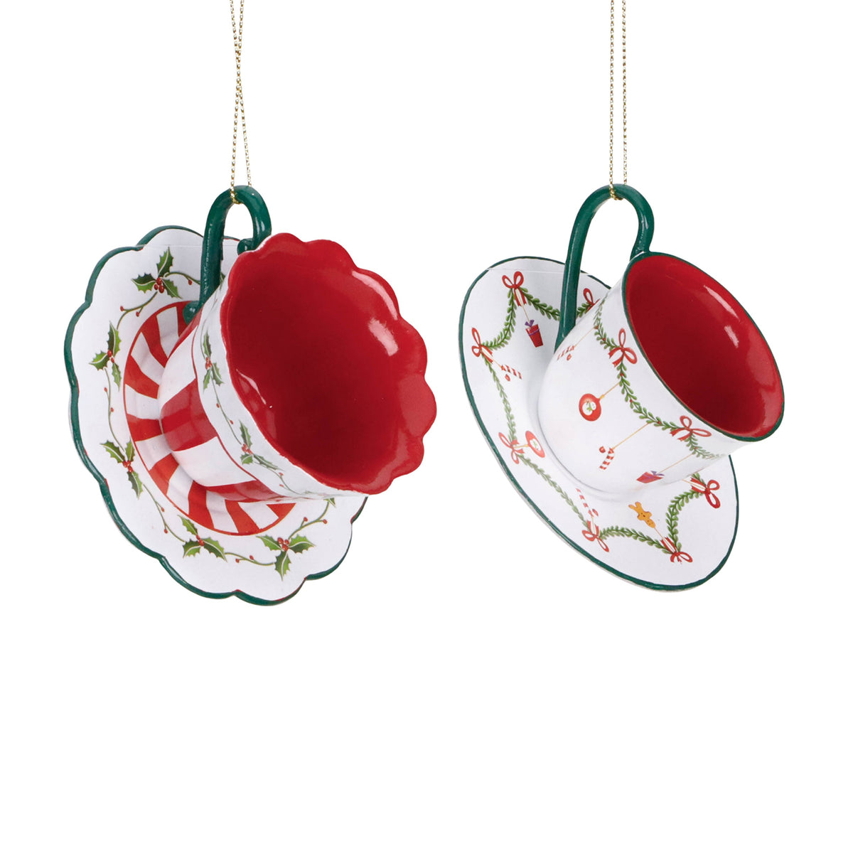 Set 2 ornamente ceașcă cu farfurioară, alb/roșu/verde, 9,5 cm