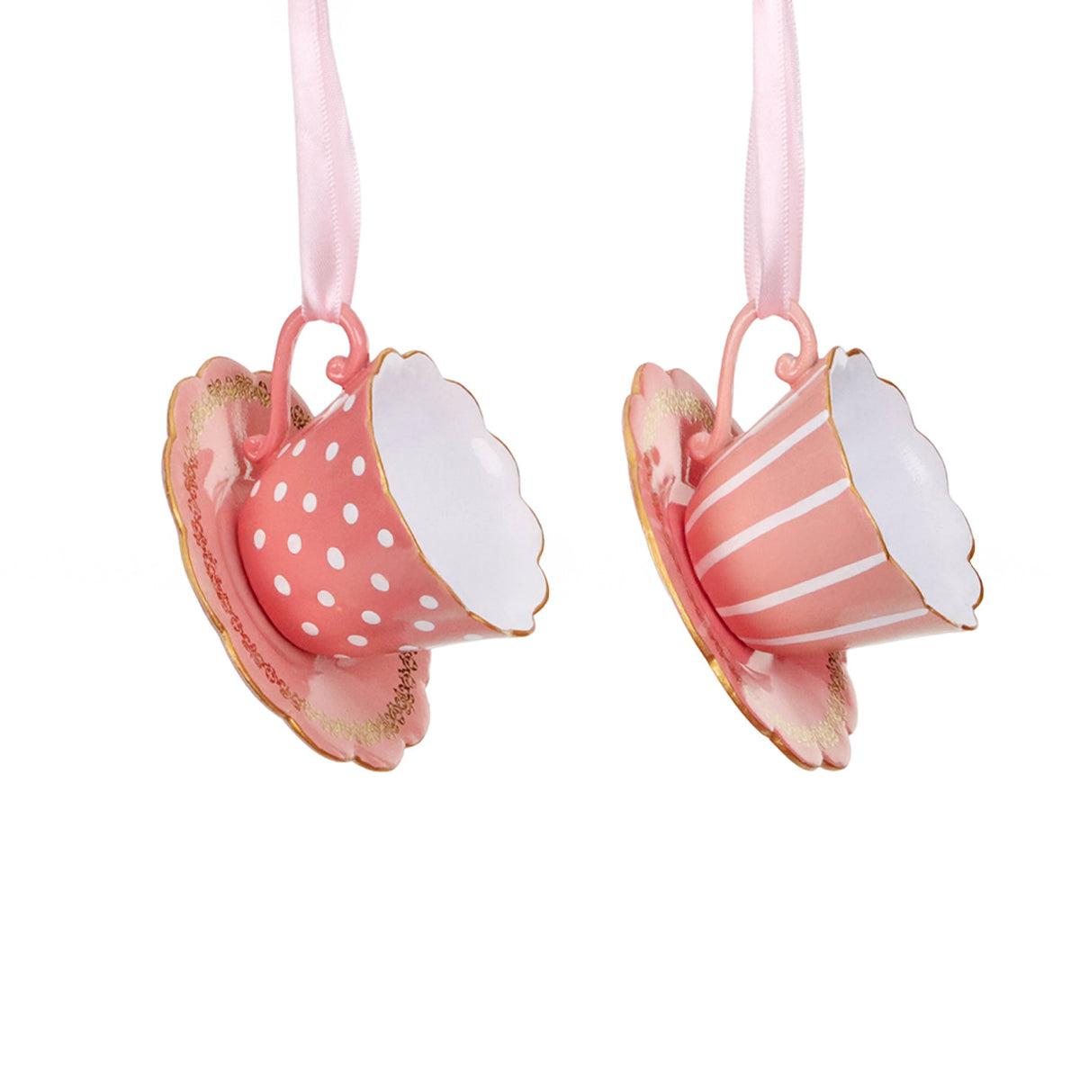 Set 2 ornamente ceașcă cu farfurioară, cu dungi și buline, roz, 11 cm