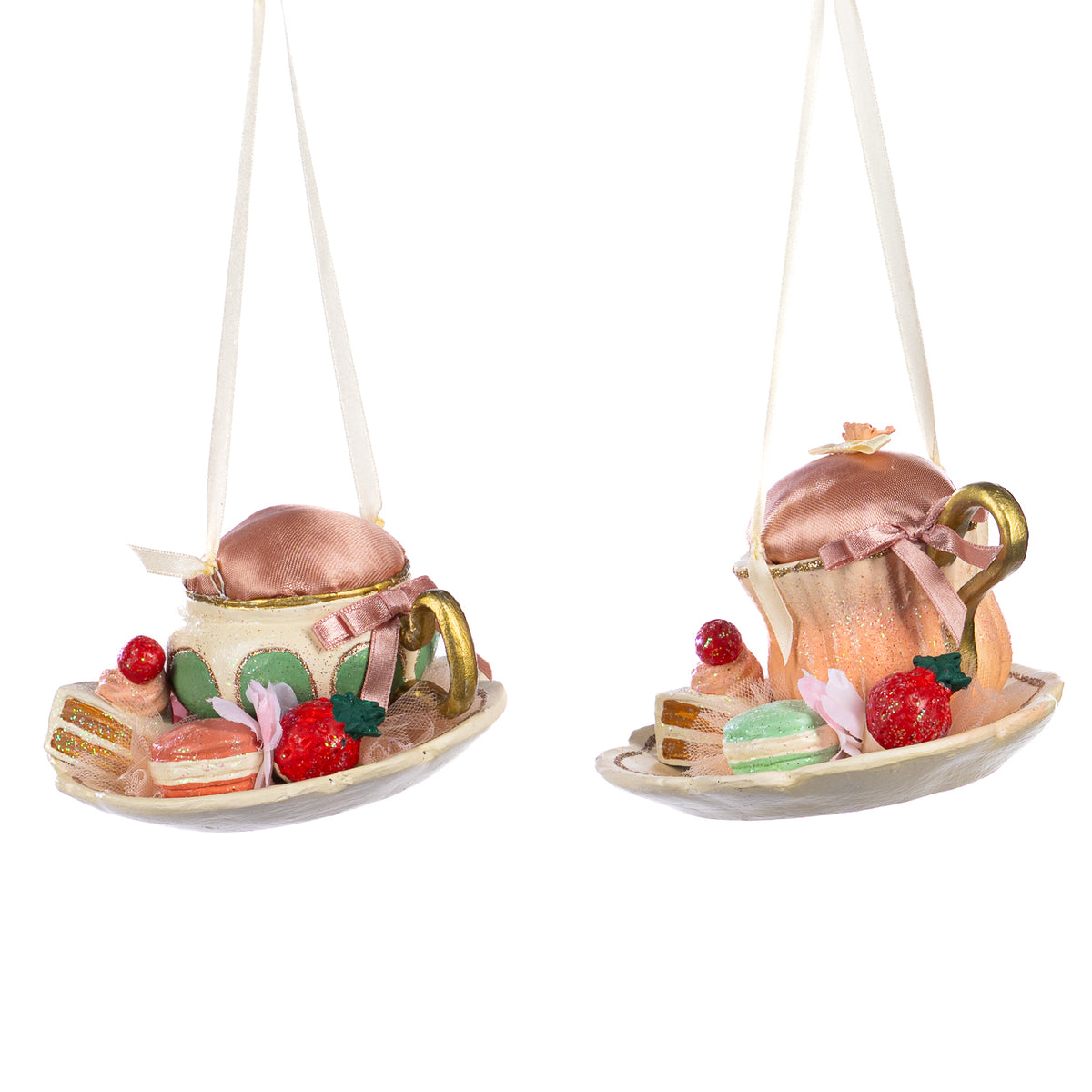 Set 2 ornamente ceașcă cu farfurioară, tip pernuță pentru ace, crem, 12 cm