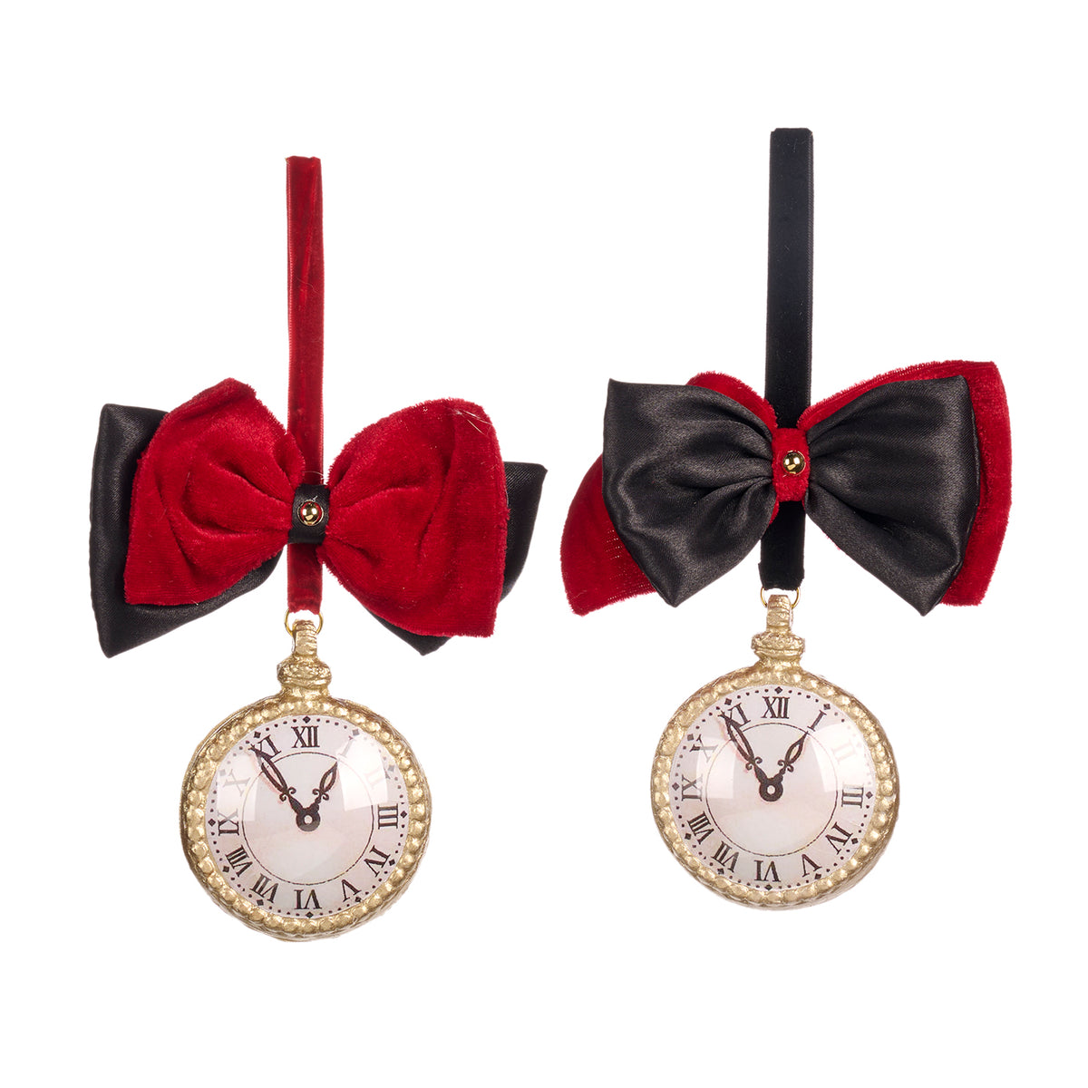 Set 2 ornamente ceasuri cu fundă, roșu/negru, 9 cm