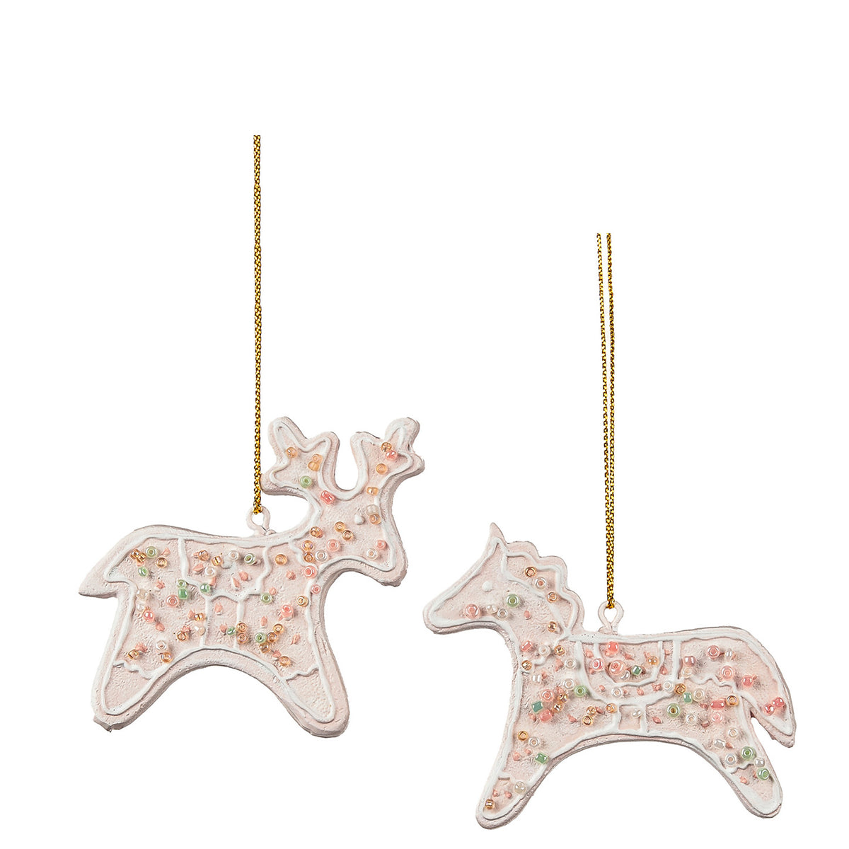 Set 2 ornamente cerb și căluț din turtă dulce, cu decor presărat, roz, 8 cm