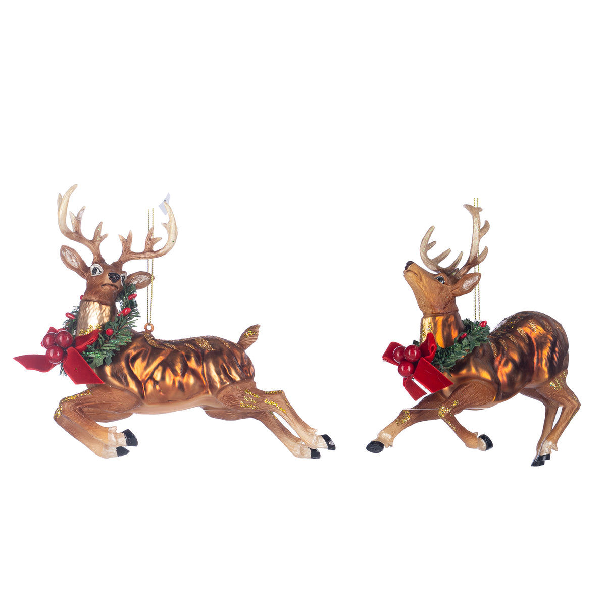 Set 2 ornamente cerbi de Crăciun în salt din sticlă, maro/roșu/verde, 17,5 cm