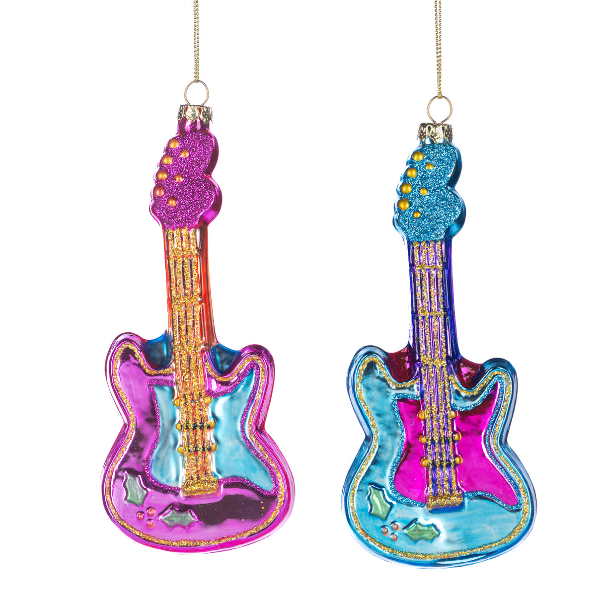 Set 2 ornamente chitară din sticlă cu sclipici, albastru/roz, 15 cm