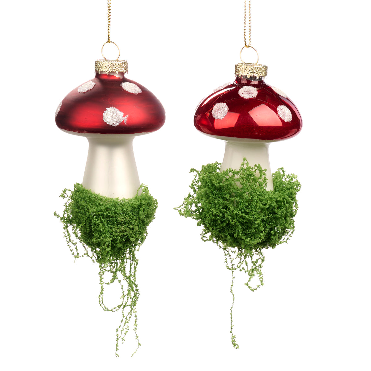 Set 2 ornamente ciuperci din sticlă, roșu/alb, 7,5 cm