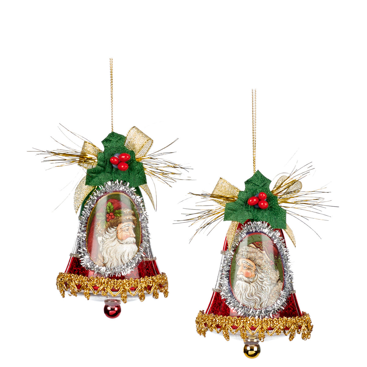 Set 2 ornamente clopoței cu Moș Crăciun, din sticlă și beteală, auriu/roșu/verde, 9 cm