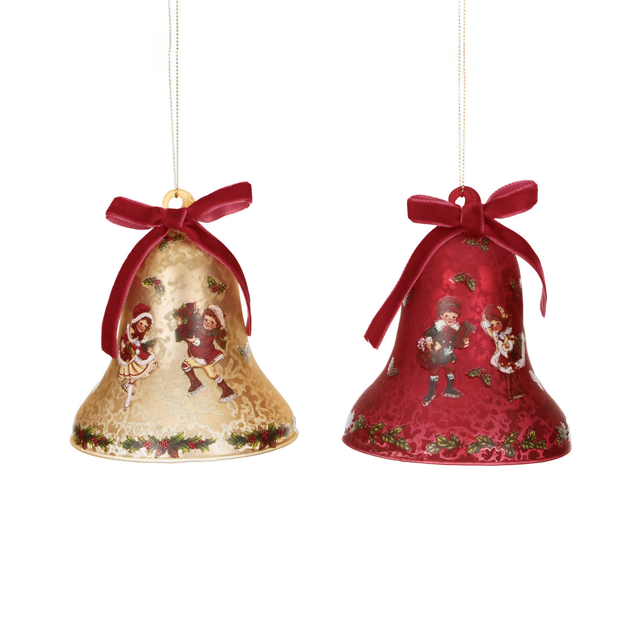 Set 2 ornamente clopoței de colind din sticlă, auriu/galben/roșu, 10 cm