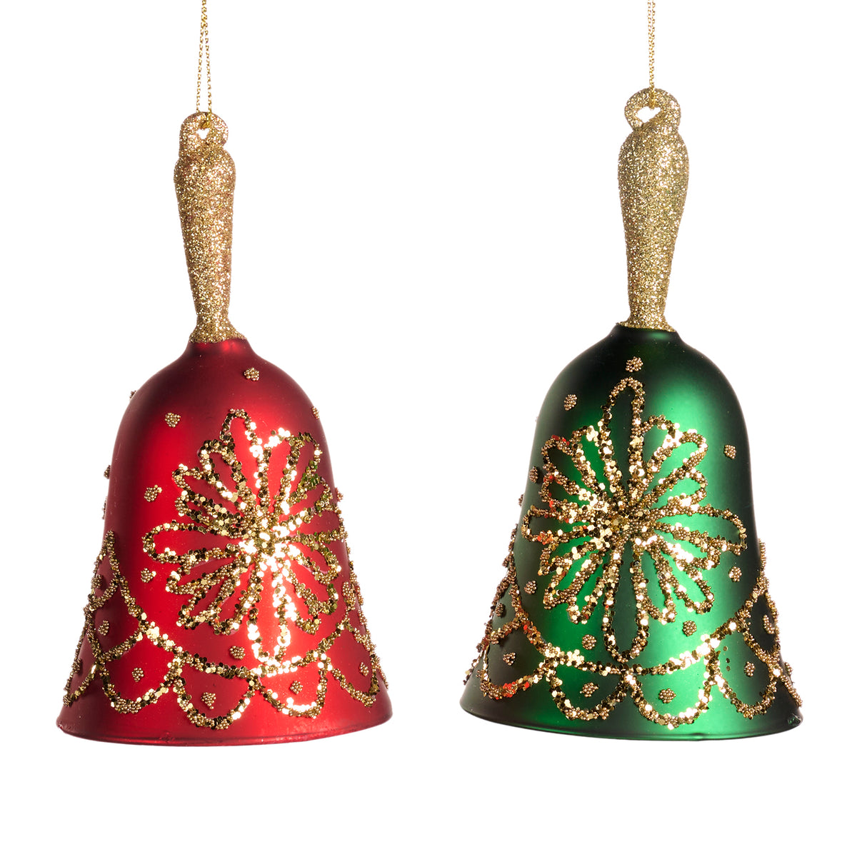 Set 2 ornamente clopoței din sticlă cu mărgele și flori, roșu/verde, 13 cm