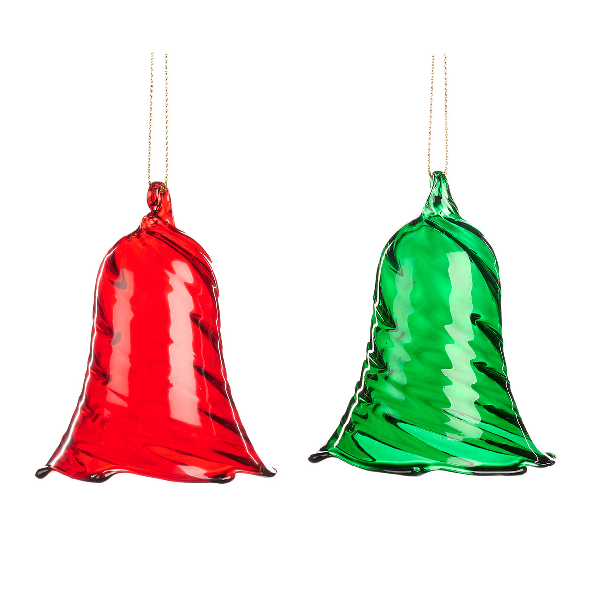 Set 2 ornamente clopoței din sticlă cu model în spirală, verde/roșu, 9 cm