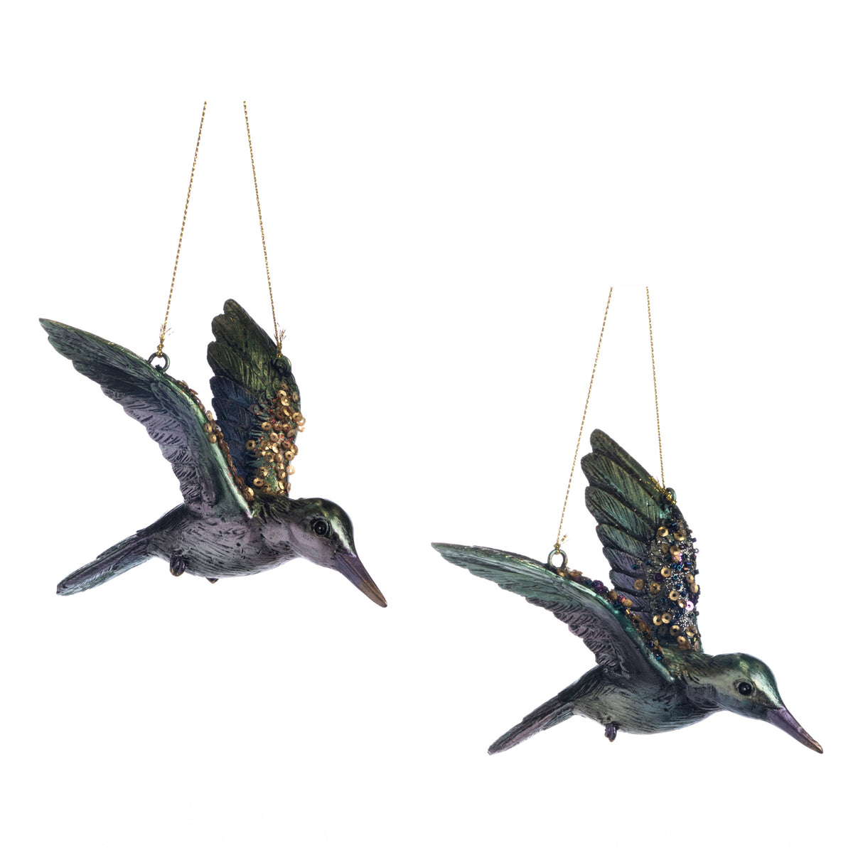Set 2 ornamente colibri în zbor cu paiete, verde/mov, 13 cm