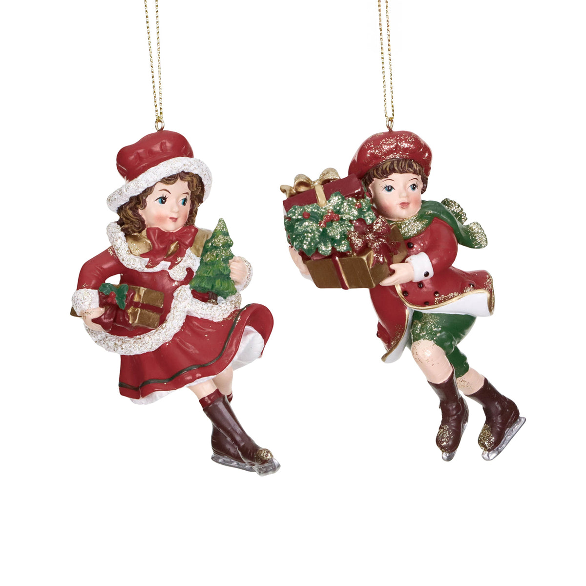 Set 2 ornamente copii patinatori de Crăciun, burgund/verde, 11,5 cm
