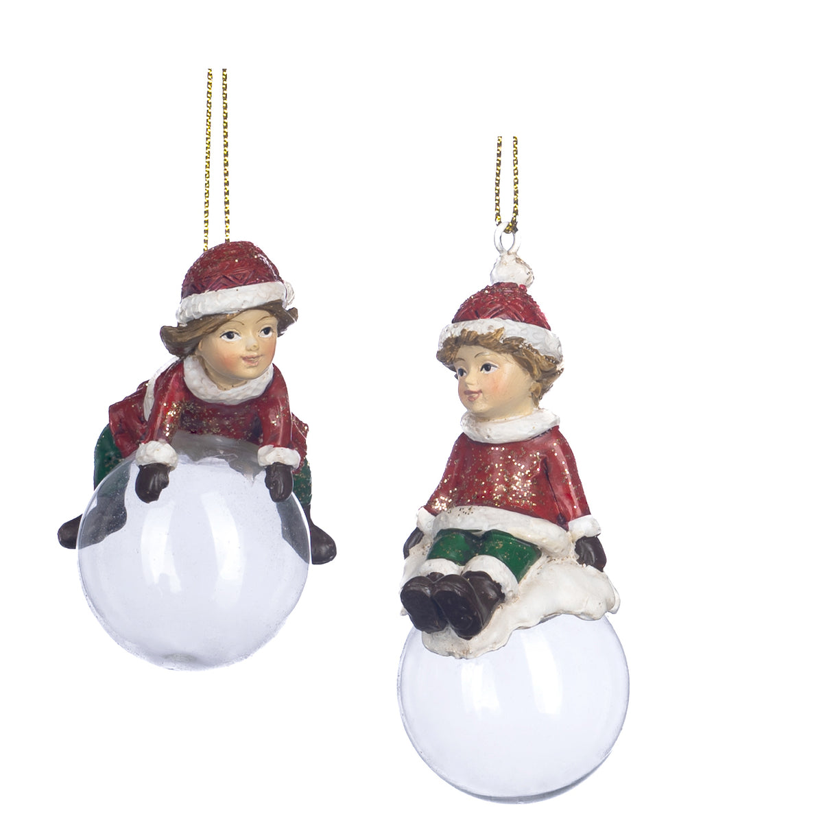 Set 2 ornamente copil de Crăciun pe bulă, din sticlă, roșu/verde, 9 cm