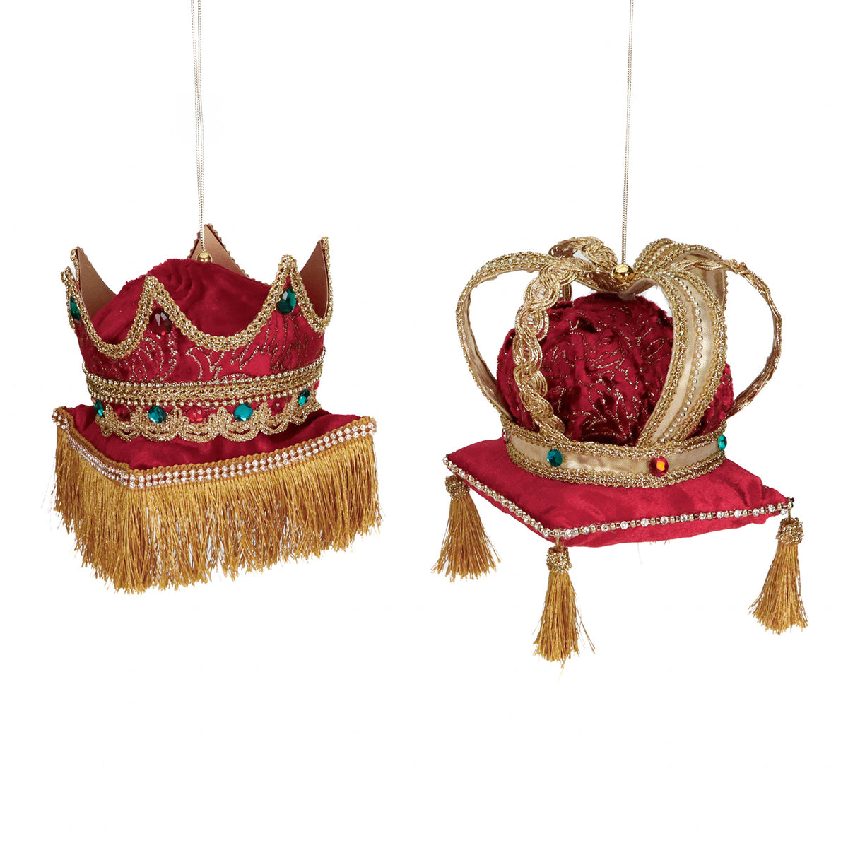 Set 2 ornamente coroană pe pernuță din brocart, burgund/auriu, 14 cm