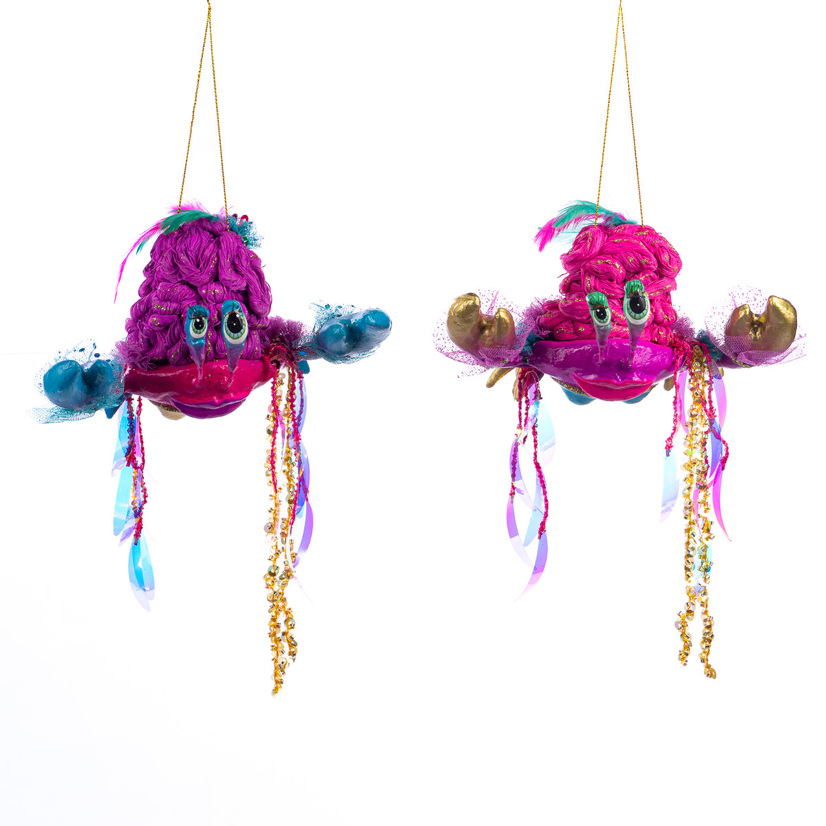 Set 2 ornamente crab cu perucă mare, roz/albastru, 15 cm