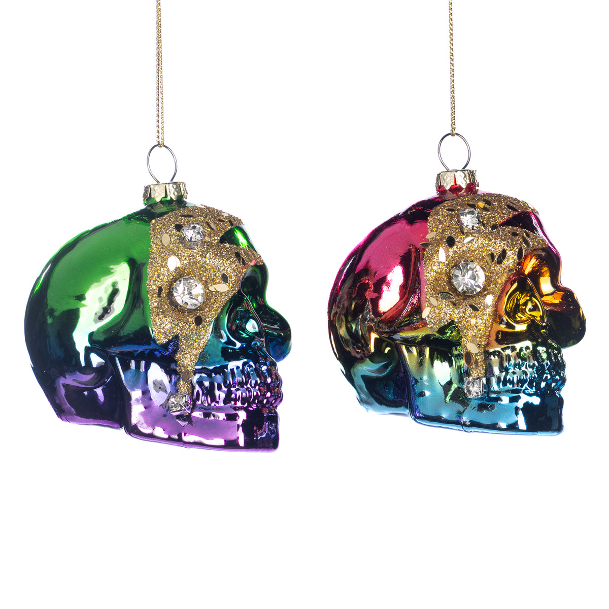Set 2 ornamente craniu curcubeu din sticlă cu pietre și sclipici, multicolor, 9 cm