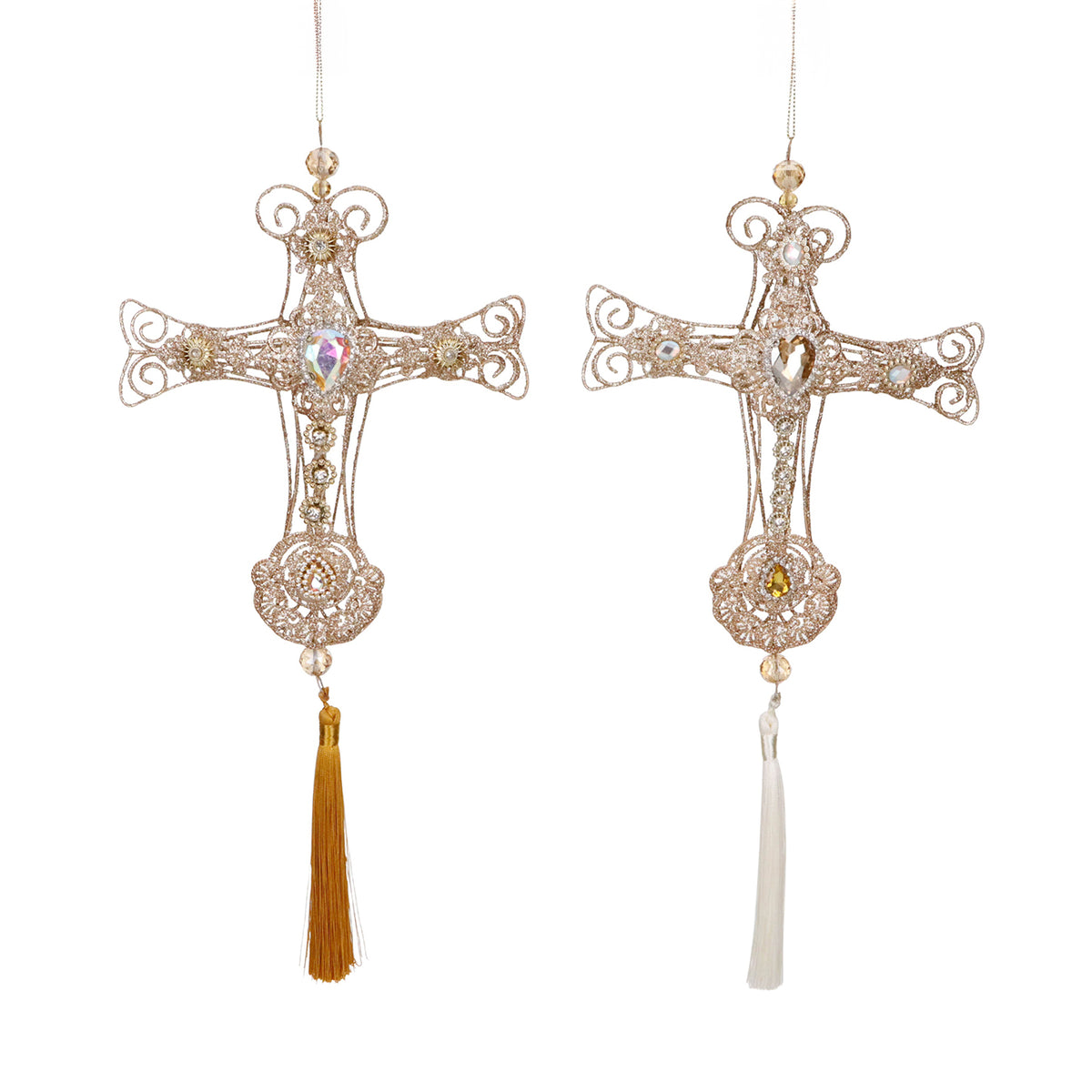 Set 2 ornamente cruce din sârmă metalică, cu pietre și ciucure, auriu, 35 cm