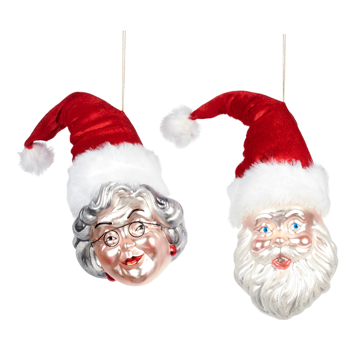 Set 2 ornamente cu capete de Moș Crăciun și Crăciunița, din sticlă și textil, roșu/alb, 19,5 cm