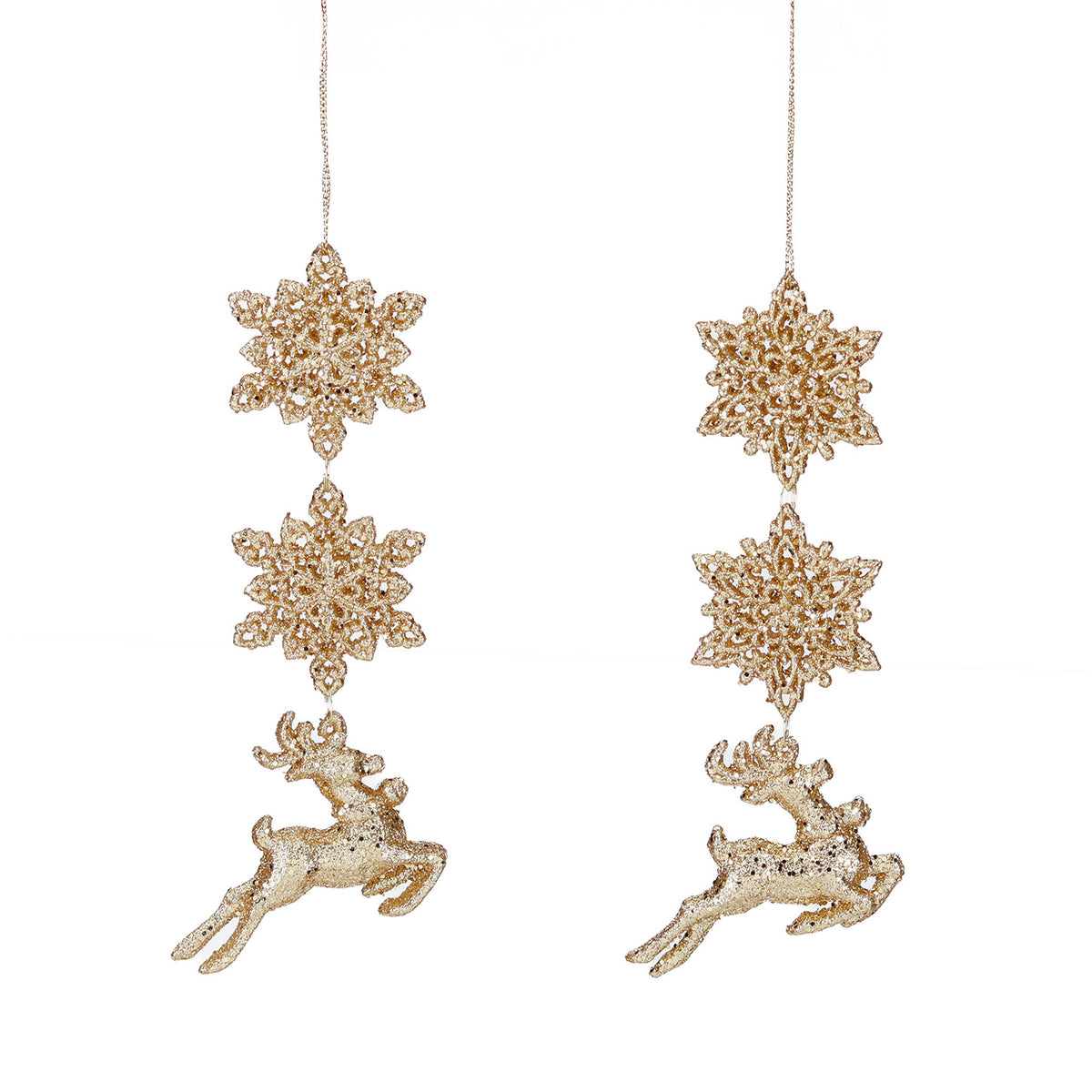 Set 2 ornamente cu cerb și fulg de zăpadă, cu pandantive și sclipici, auriu, 17 cm