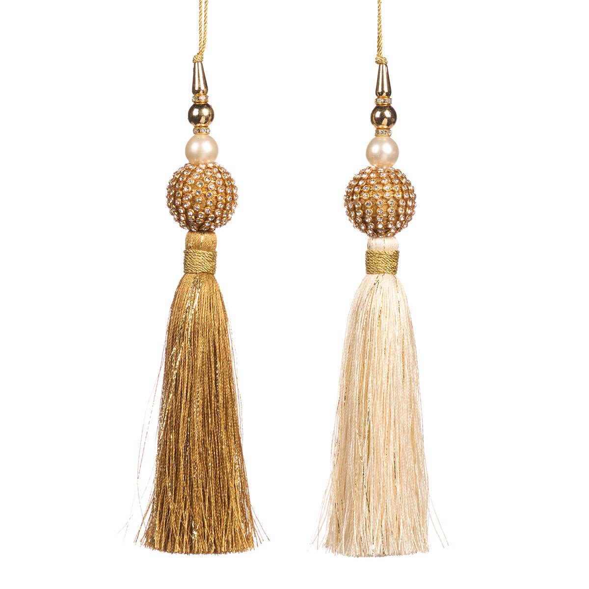 Set 2 ornamente cu ciucure și glob cu pietre deasupra, auriu/crem, 19 cm