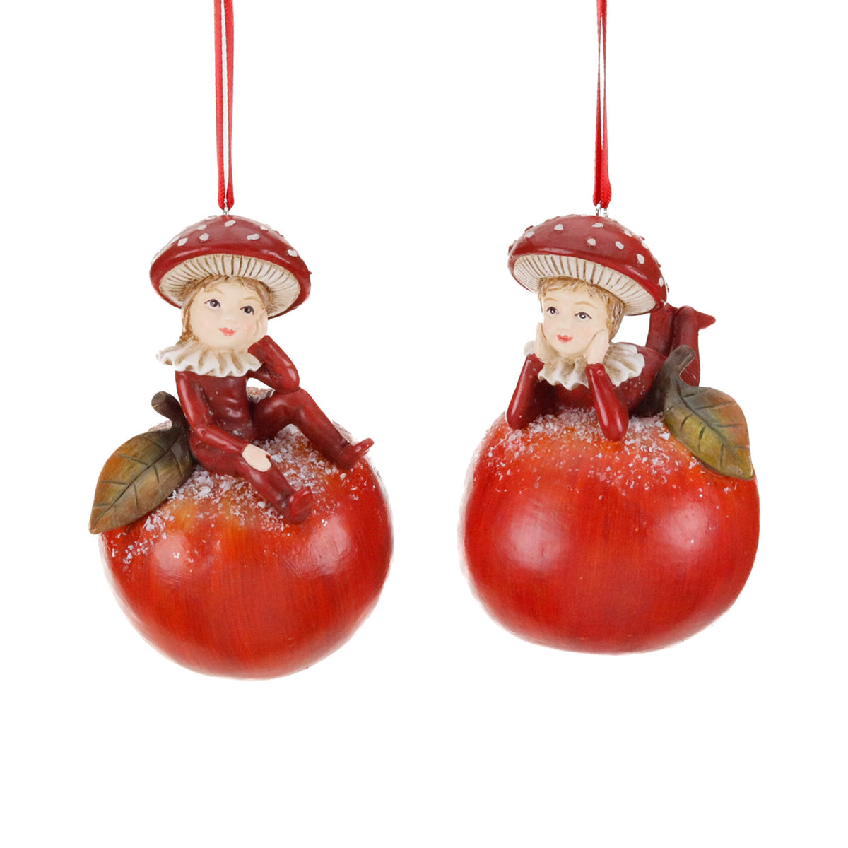 Set 2 ornamente cu copii-ciupercă pe măr, roșu/crem, 11 cm