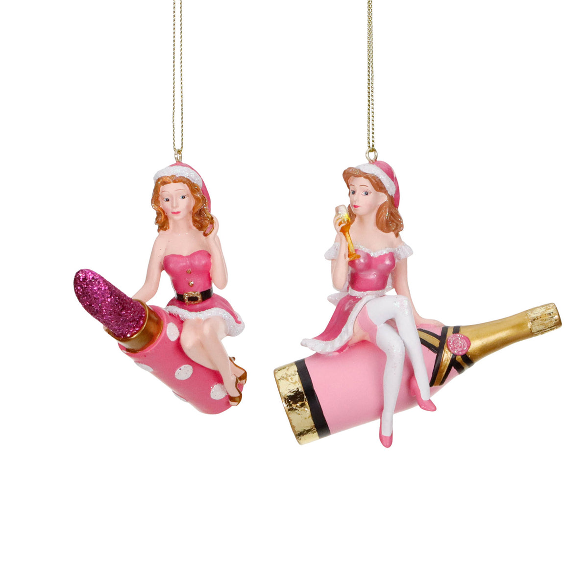 Set 2 ornamente cu fetiță pe ruj și pe șampanie de Crăciun, roz, 10 cm
