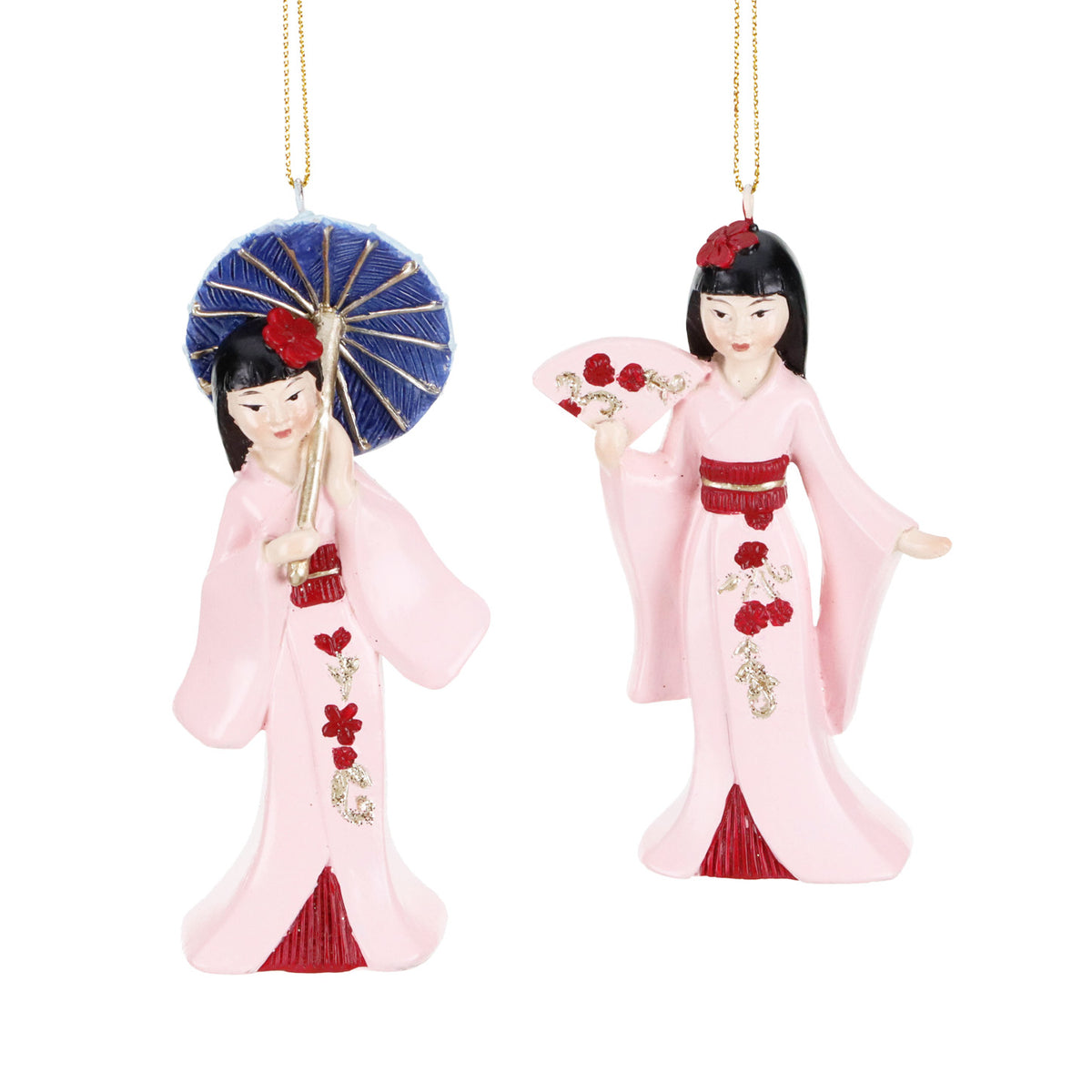 Set 2 ornamente cu gheișe, roz/roșu, 12 cm
