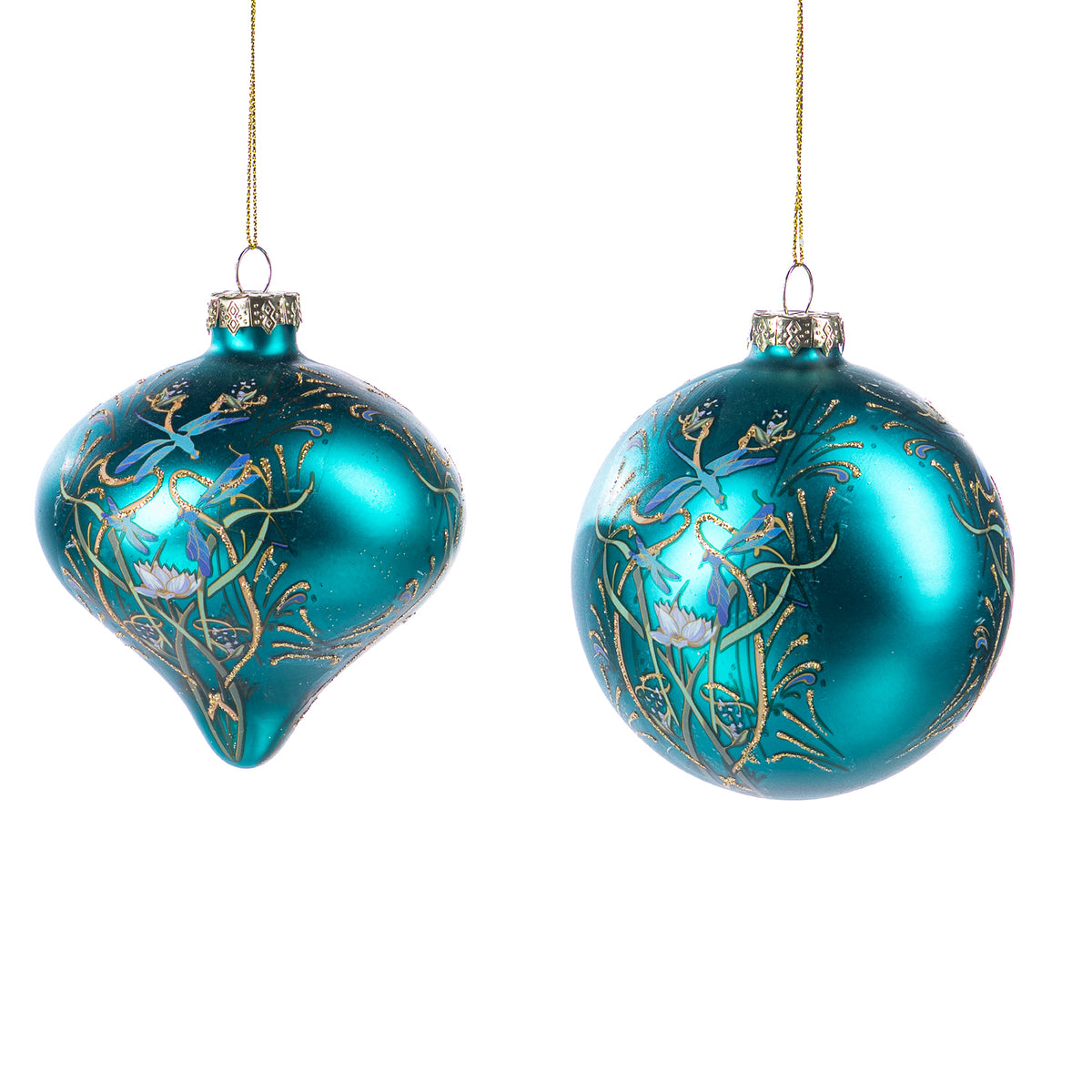 Set 2 ornamente cu nufăr și libelulă din sticlă, glob și formă de ceapă, albastru, 11,5 cm