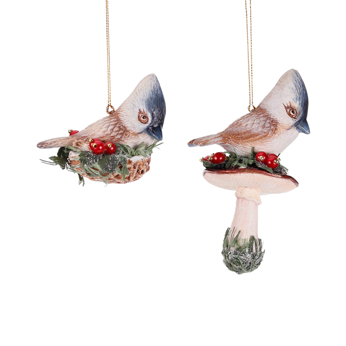 Set 2 ornamente cu păsări pe ciuperci, roșu/crem, 14 cm