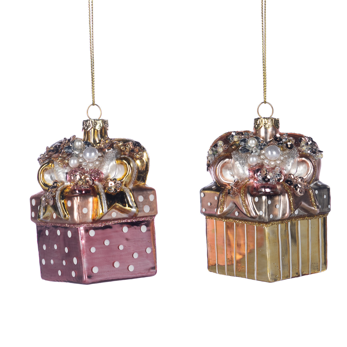 Set 2 ornamente cutii cadou din sticlă cu perle și pietre, roz/auriu, 8,5 cm