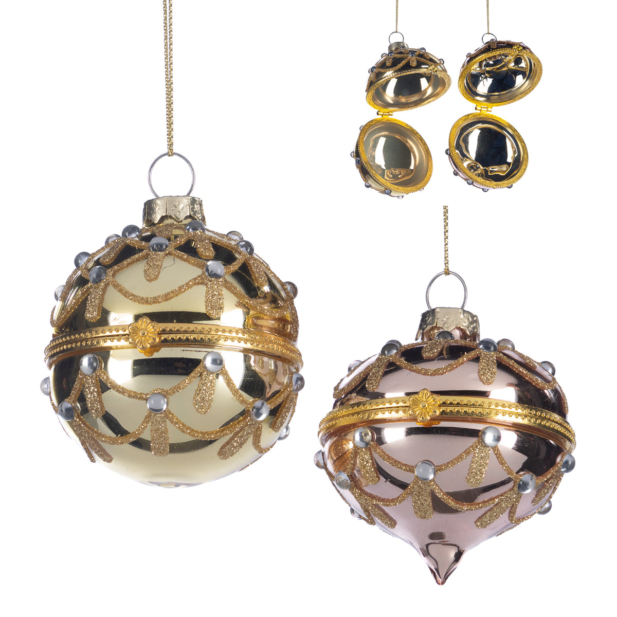Set 2 ornamente cutiuță din sticlă în formă de glob și ceapă, cu pietre, auriu/șampanie, 8 cm