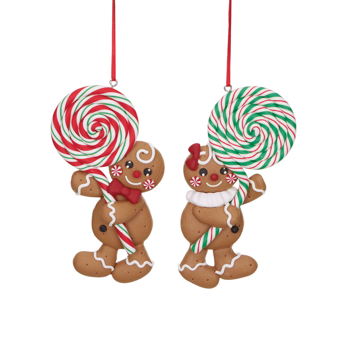 Set 2 ornamente din lut, băiat și fată de turtă dulce cu acadea, maro, 13 cm