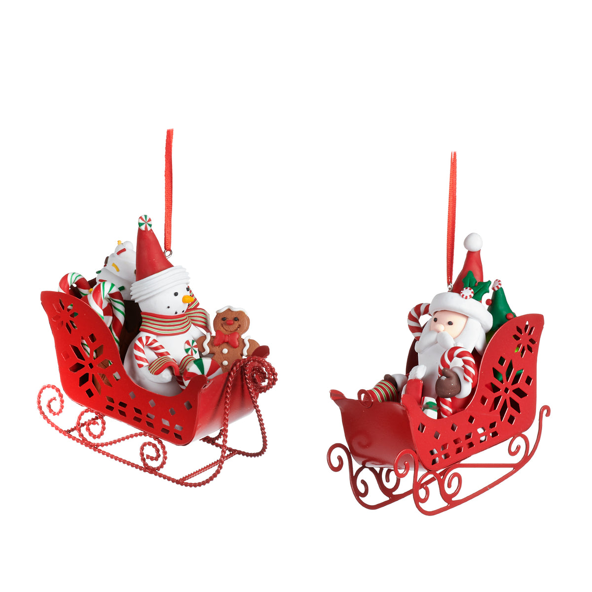 Set 2 ornamente din lut și metal, Moș Crăciun și om de zăpadă în sanie, roșu, 12,5 cm