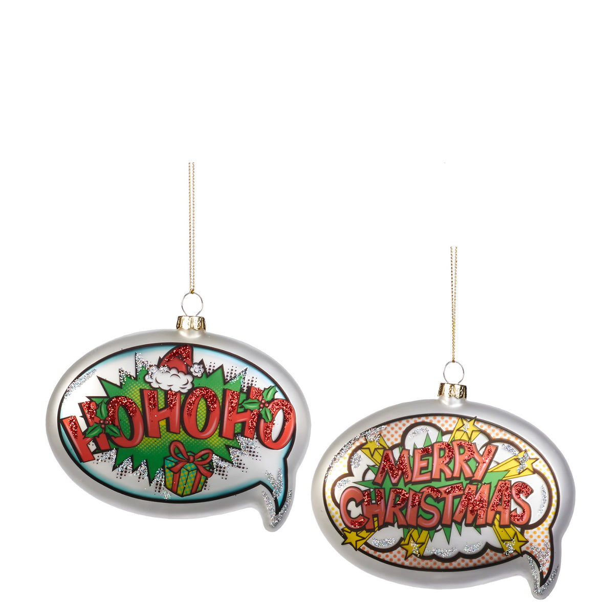 Set 2 ornamente din sticlă, baloane de dialog „Ho Ho” și „Merry Christmas”, 10 cm