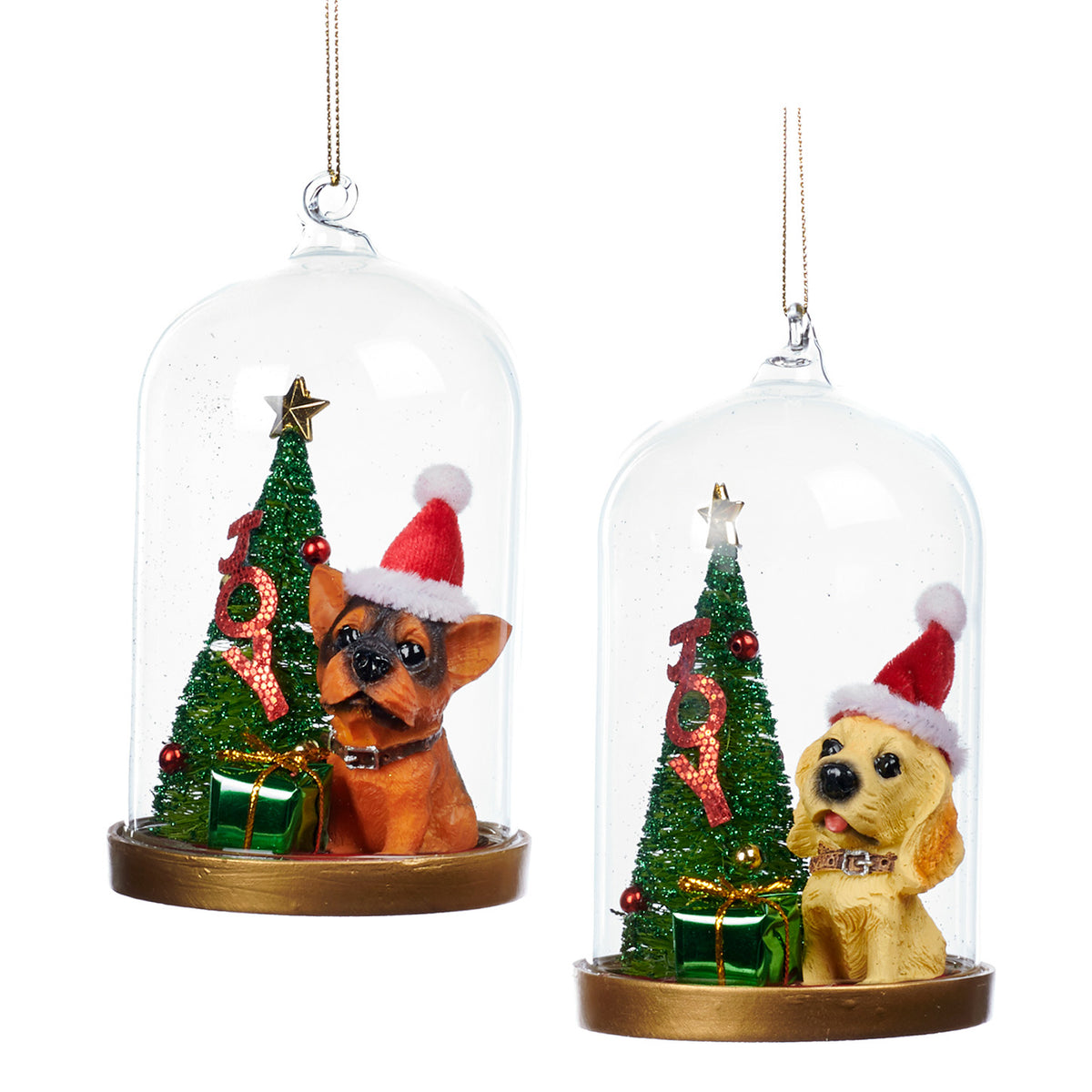 Set 2 ornamente din sticlă, câine și brad de Crăciun sub cupolă, verde, 13,5 cm