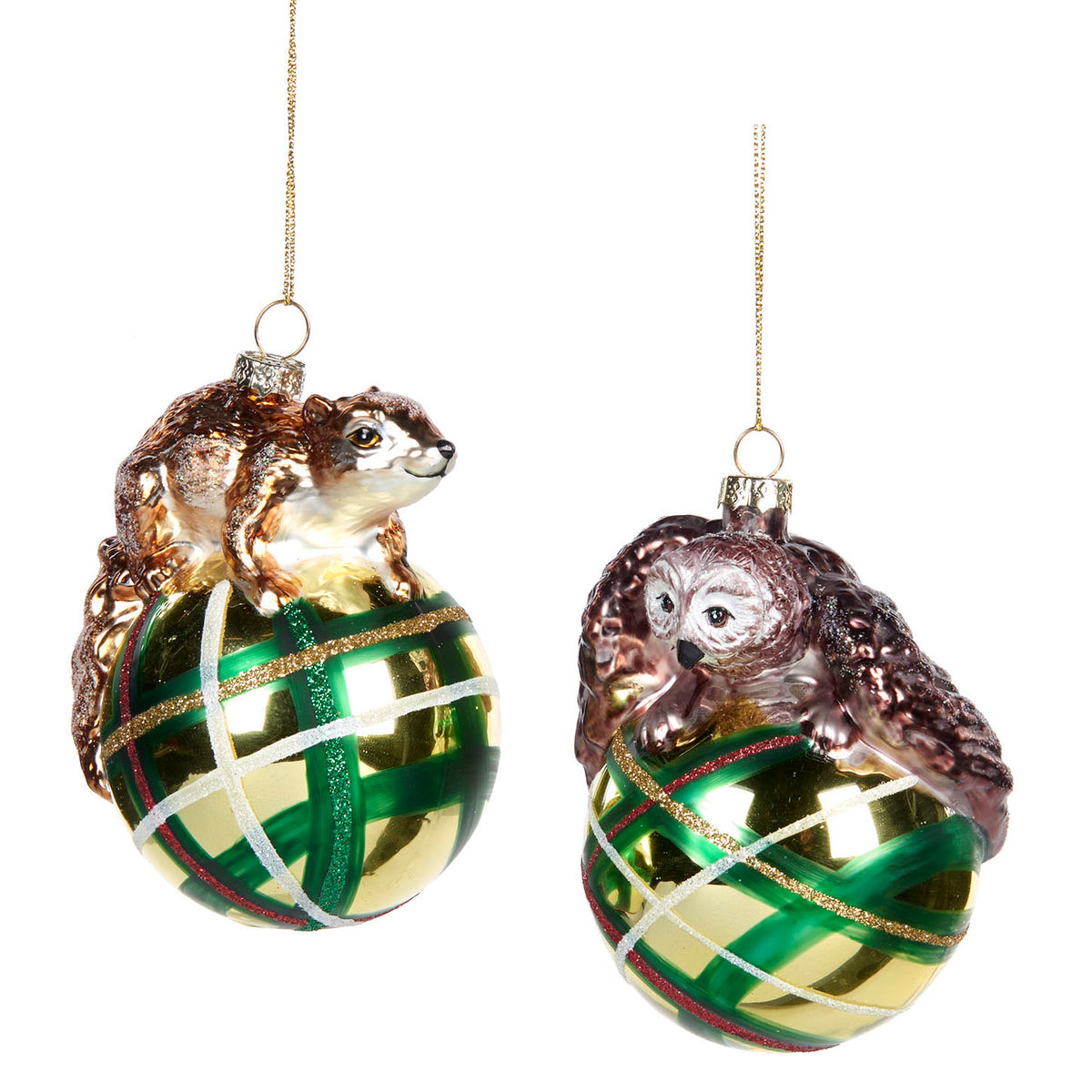 Set 2 ornamente din sticlă cu bufniță și veveriță pe glob tartan, maro, 9 cm