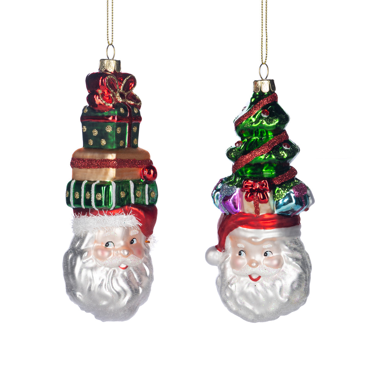 Set 2 ornamente din sticlă cu cap de Moș Crăciun, cadouri și brad, roșu/verde, 15 cm